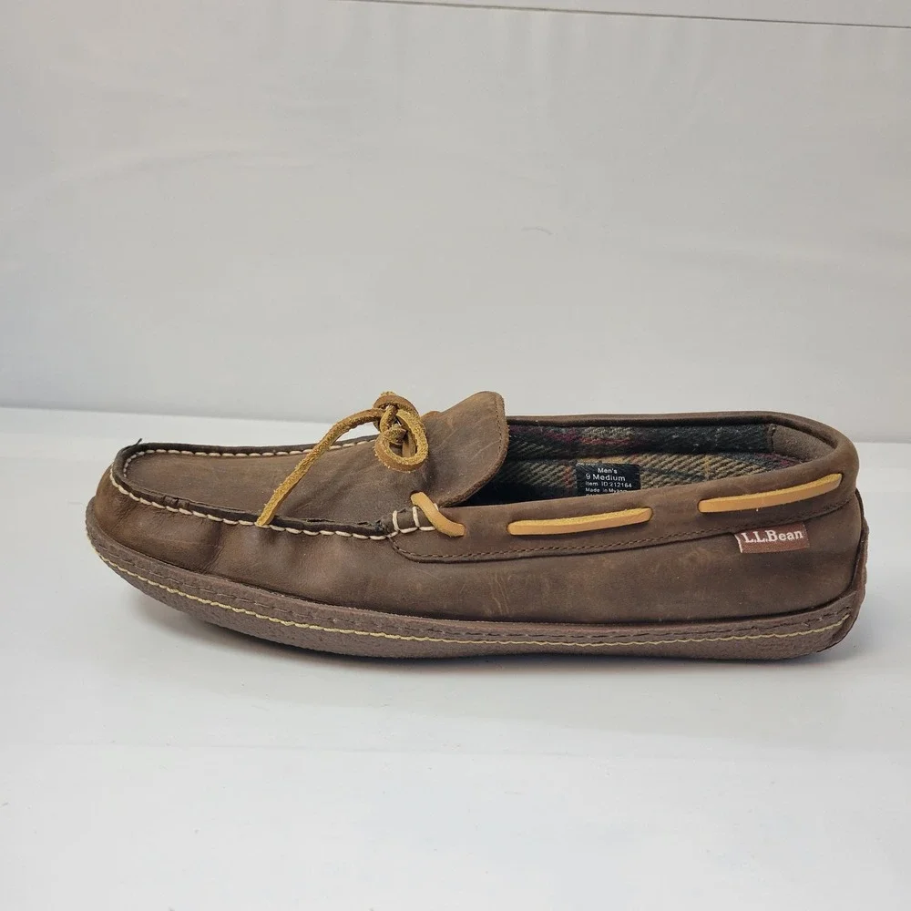 LL Bean Mens Brown‎ Leather Moccasin Slippers Cozy Plaid Lined Size 9